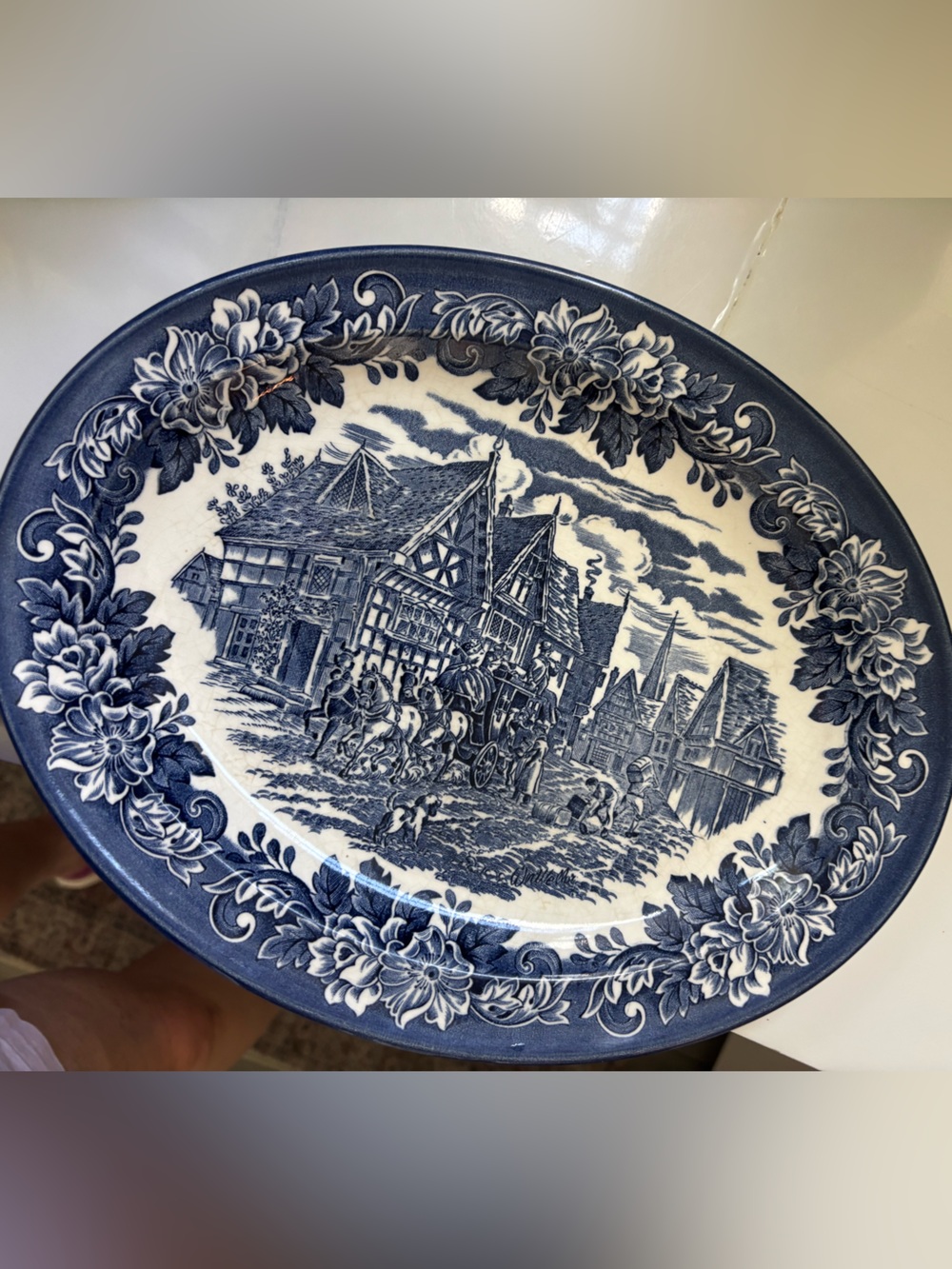 Ravensdale Pottery Blue/White Decor Serving Platter with Scenic Village